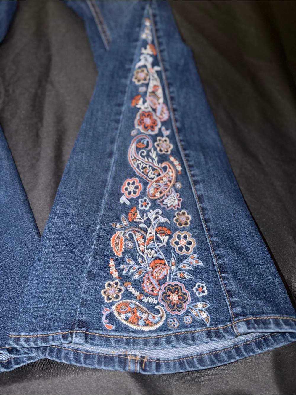 Cato Dark Blue Flare Jeans with Peach & Cream Embroidery - Picture 3 of 5